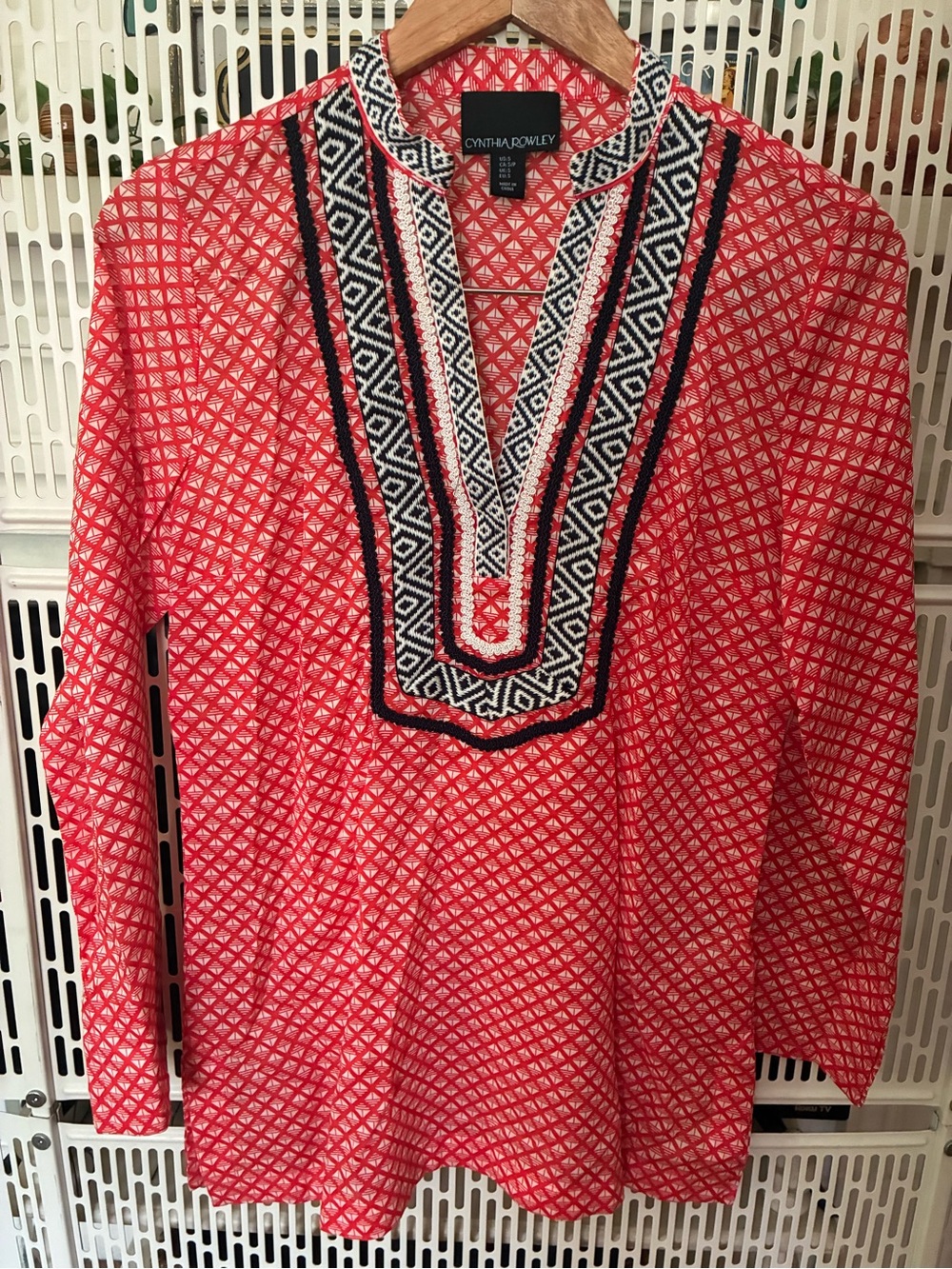 Cynthia Rowley Red Geometric Tunic with Black & White Embroidered V-Neck